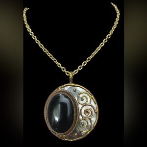 New Anju Black Onyx Mixed Metal Long Necklace Antiqued 15”L Goldtone Chain